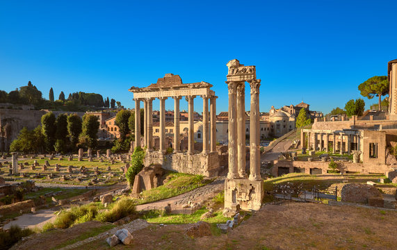 Panoramic image of Roman Forum, or Forum of Caesar, in Rome, Italy