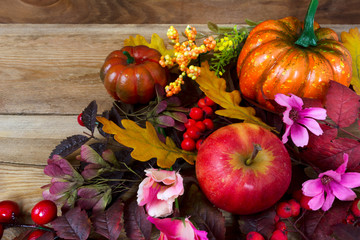 Fall background with rowan leaves, apples, pink flowers