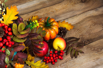 Thanksgiving decor with berries, pumpkin, rowan and oak leaves, copy space