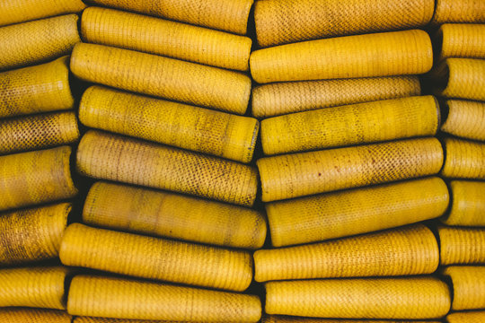 Close up of stacked fire hoses