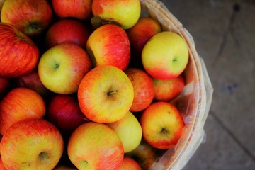 Fresh red and yellow apples in barrels at the farmers market in the fall