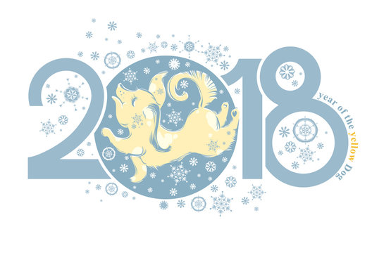 Year of the Yellow Dog 2018. Shiny cute puppy playing with snowflakes. Vector template for New Year's design. 