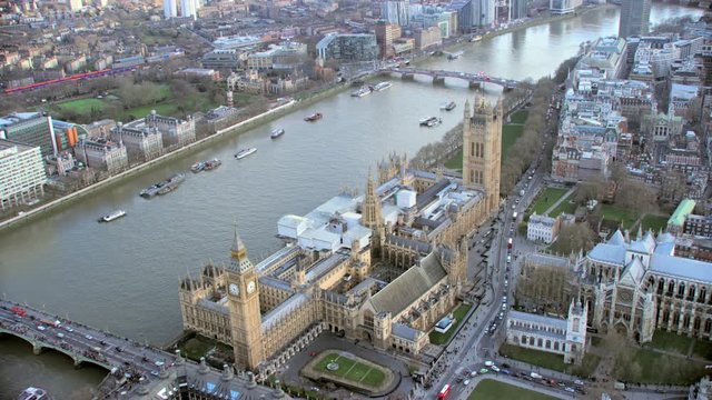  Aerial view of Big Ben & Houses of Parliament & Westminster Abbey in London's City of Westminster