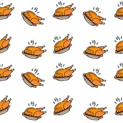 Seamless pattern hand drawn doodle Thanksgiving roasted turkey icon. Vector illustration autumn holiday symbol Cartoon celebration element Hot baked turkey on the plate Cranberry sauce Fried chicken