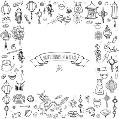 Hand drawn doodle Happy Chinese New Year icons set. Vector illustration. Asian lunar festival collection. Cartoon sketch celebration elements: firecracker, golden coin, money envelope, dragon, lantern