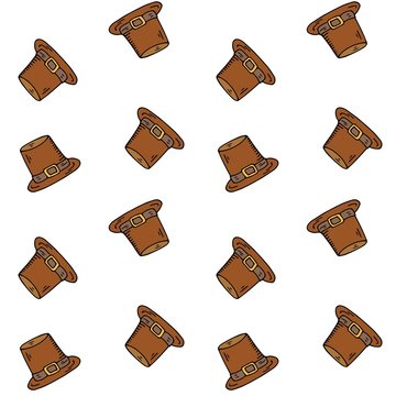 Seamless pattern with hand drawn doodle Thanksgiving icon - Old hat on white Vector illustration Pilgrim symbol Cartoon celebration element: cockel, capotain, tall crowned, narrow brimmed, conical hat