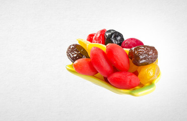 Dried fruits or assorted preserved fruits on background.