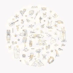Hand drawn doodle Hawaii icons set Vector illustration isolated symbols collection of hawaiian symbols Cartoon elements: USA state map Honolulu State Hula girl Surfing guy Volcano Guitar Paradise Art