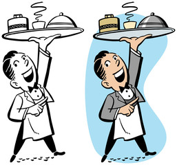 A waiter holds up a tray of food and drink
