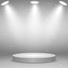 Round podium, pedestal or platform illuminated by spotlights on white background