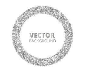 Festive silver sparkle background. Glitter border, circle spotted frame. Vector dust, diamonds on white.