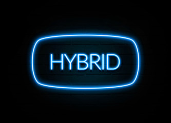 Hybrid  - colorful Neon Sign on brickwall - obrazy, fototapety, plakaty
