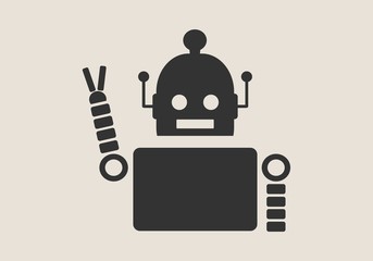Happy cute vintage robot showing the victory gesture with his fingers. Robotics industry relative image.
