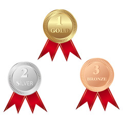 Gold, silver and bronze medals isolated on white background.  Trophy icon vector.