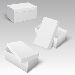 White package opened box with opened cover for shoe. Vector template.