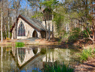 Stone chapel on lake