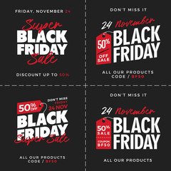 Set of 50% OFF Black Friday Super Sale Promotion with Price Tag Element Inscription Design Template Banner, Badge, Sticker, Cover, Poster, Flyer