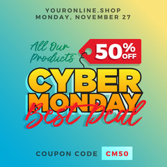 Cyber Monday Super Sale. Up to 50% off Big Sale Sidebar Banner, Poster, Sticker, Badge Advertising Promotion with Price Tag Label Element & Voucher Coupon Gift Code. Fresh Gradient Background Color