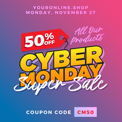 Fototapeta na wymiar Cyber Monday Super Sale. Up to 50% off Big Sale Sidebar Banner, Poster, Sticker, Badge Advertising Promotion with Price Tag Label Element & Voucher Coupon Gift Code. Fresh Gradient Background Color
