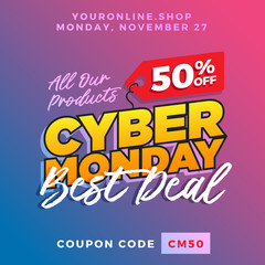 Cyber Monday Super Sale. Up to 50% off Big Sale Sidebar Banner, Poster, Sticker, Badge Advertising Promotion with Price Tag Label Element & Voucher Coupon Gift Code. Fresh Gradient Background Color
