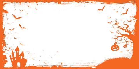 Halloween banner template with pumpkin, scary house, flying bat border