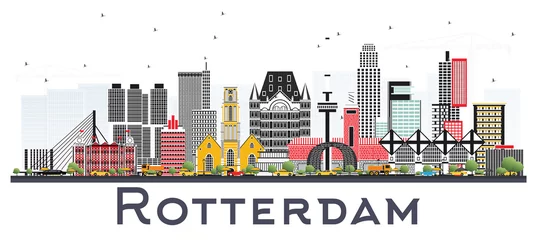 Zelfklevend Fotobehang Rotterdam Rotterdam Nederland Skyline met grijze gebouwen geïsoleerd op een witte achtergrond.