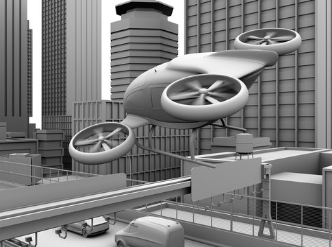 Clay rendering of self-driving passenger drone flying over a highway bridge. 3D rendering image.
