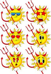 Cartoon devil sun with pitchfork. Collection with various facial expressions. Vector set.