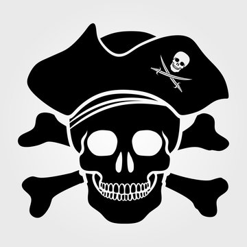 Jolly Roger icon isolated on white background. Skull with Captain Pirate Hat and Cross Bones.
