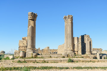 Fototapeta na wymiar House of Columns in Roman ruins, ancient Roman city of Volubilis. Morocco