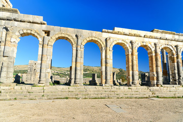 Fototapeta na wymiar Basilica in Roman ruins, ancient Roman city of Volubilis. Morocco