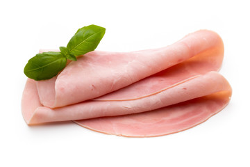 Sliced boiled ham sausage isolated on white background, top view.