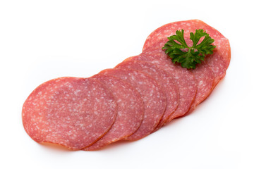 Salami slices isolated on white background.