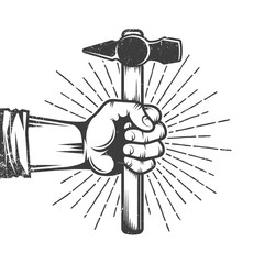 Fist of worker holding hammer retro poster on white. Worn out texture on separate layer. Retro vector illustration.