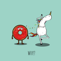 Funny concept of a shaving unicorn and an affected donut. Vector illustration. Modern design.