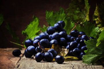 Blue grapes with green leaves, rustic still life, selective focus
