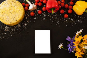 Food composition of gourmet products, top view free space. Quality sort of Caciotta with herbs and vegetables. Menu and recipe concept