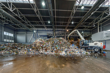 Plastic bales at the waste processing plant. Separate garbage collection. Recycling and storage of...