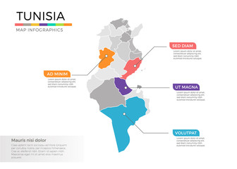 Tunisia map infographics vector template with regions and pointer marks
