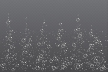 Realistic fizzing air bubbles, effervescent water on transparent background. Vector illustration. - obrazy, fototapety, plakaty