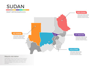 Sudan map infographics vector template with regions and pointer marks