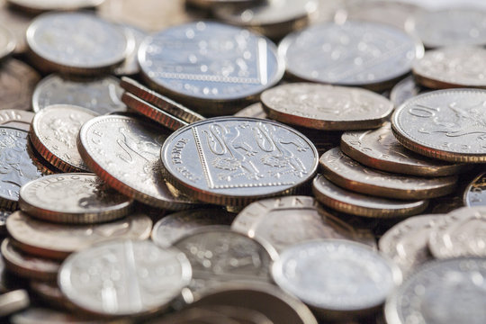 British Currency - Low Denomination Coins in a Pile with Selective Focus