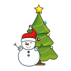 merry christmas pine tree with snowman character