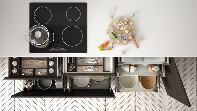 Modern kitchen top view, opened drawers and stove with cooking pan, minimalist interior design