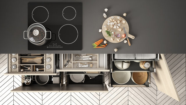 Modern kitchen top view, opened drawers and stove with cooking pan, minimalist interior design