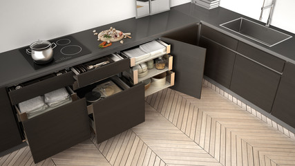 Modern kitchen top view, opened wooden drawers with accessories inside, solution for kitchen storage, minimalist interior design