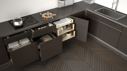 Modern kitchen top view, opened wooden drawers with accessories inside, solution for kitchen storage, minimalist interior design
