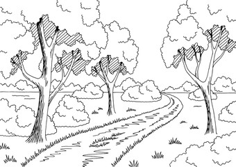 Obraz premium Forest road graphic black white landscape sketch illustration vector
