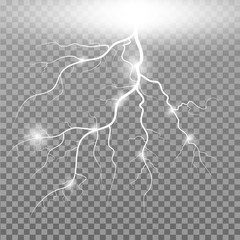 Realistic vector lightning flash light on transparent background. 