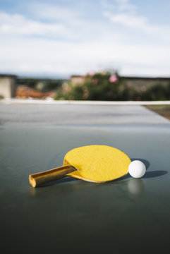 Ping pong table with paddle and ball